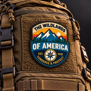 May include: A brown tactical backpack featuring a shield-shaped patch with a mountain landscape, a compass, and the text THE WILDLANDS OF AMERICA EST. 1918 CONSERVE & PROTECT. The patch displays blue mountains, green trees, and an orange sky.