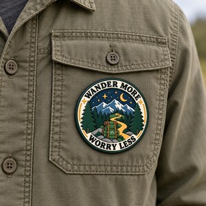 Wander More PVC Patch, Hiking Adventure Rubber Patch, 3 Inch Hook and Loop Patch, Mountain Backpack Badge, Outdoor Travel Patch, Hiker Gift