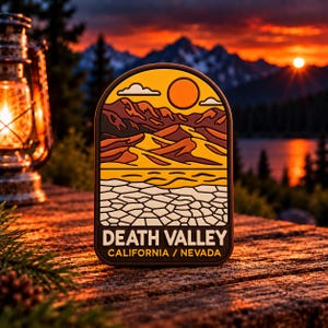 Può includere: Una toppa rettangolare con angoli superiori arrotondati che presenta un'illustrazione grafica di un paesaggio desertico con dune di sabbia, montagne e un sole. Il testo DEATH VALLEY CALIFORNIA / NEVADA è stampato nella parte inferiore.