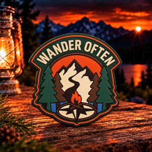Puede incluir: Un parche en forma de escudo con el texto WANDER OFTEN en letras color crema sobre un fondo verde oscuro. El diseño incluye un círculo naranja central con una silueta de montaña negra, pinos verdes, una fogata y una rosa de los vientos.