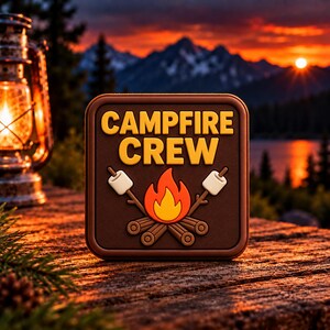 Puede incluir: Un parche cuadrado marrón con el texto amarillo CAMPFIRE CREW sobre un gráfico de una llama central naranja y amarilla, troncos marrones y dos malvaviscos blancos en palos. El parche tiene un diseño moldeado en relieve.