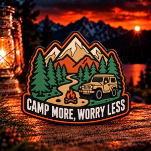 Camp More Worry Less PVC Patch, Outdoor Adventure Patch, Camping Mountain Patch, Off Road Vehicle Patch, Hiking Gear Patch, 3 Inch Patch