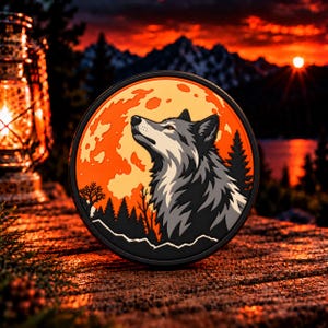 Puede incluir: Un parche circular que muestra un lobo gris de perfil frente a una gran luna llena de color naranja brillante. El diseño incluye siluetas negras de pinos y picos de montañas en la base, dentro de un borde circular negro sólido.