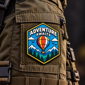 May include: A hexagonal patch attached to olive green fabric featuring a colourful hot air balloon, snow-capped mountains, and pine trees. The text ADVENTURE AWAITS is printed in white letters against a bright blue sky background.