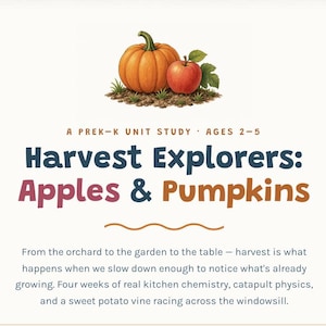 Puede incluir: Un estudio unitario preescolar titulado Harvest Explorers: Apples & Pumpkins para edades de 2 a 5 años. El documento incluye un plan semanal, actividades diarias, una lista de 16 libros, 20+ actividades científicas, bandejas sensoriales y una guía de excursiones.