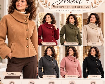Funnel Neck Jacket Sewing Pattern PDF, Women's Fitted Button Front Jacket, High Collar Outerwear, Digital Download