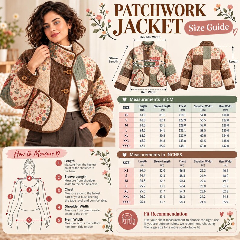 Patchwork Jacket Sewing Pattern PDF, Women's Quilted Style Jacket with Stand Collar, Pockets and Button Front, Digital Download XS, XXXL image 3