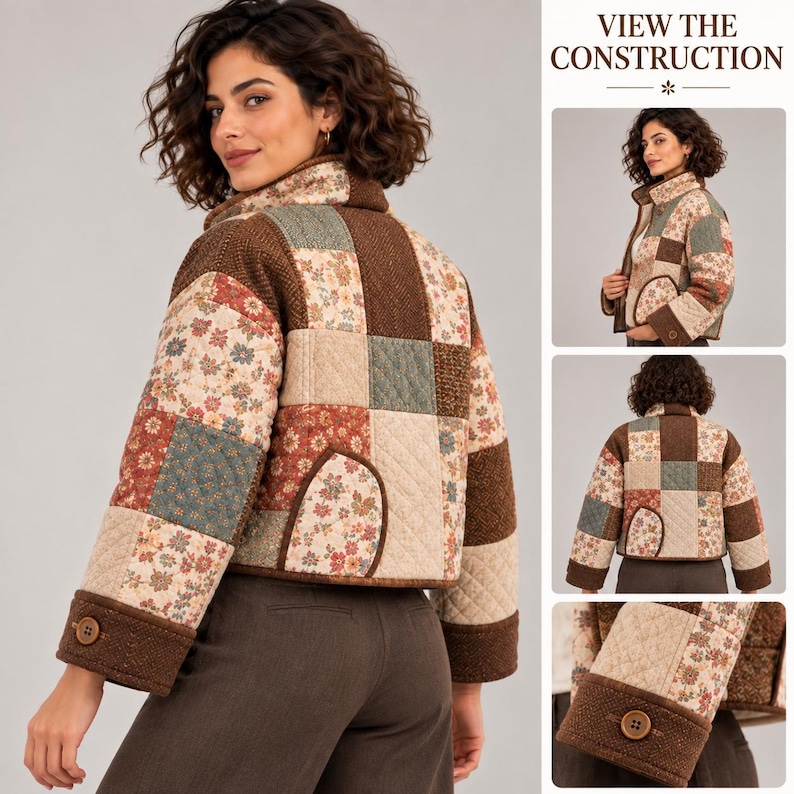 May include: A cropped patchwork jacket featuring a mix of floral patterns in cream, red, and green, combined with solid brown textured fabric panels. The jacket has a high collar, long sleeves with buttoned cuffs, and two rounded front pockets.