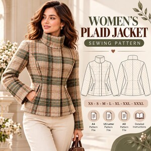 Patrón de costura en PDF para chaqueta de cuello alto a cuadros, chaqueta corta entallada para mujer con mangas largas y bolsillos angulares.