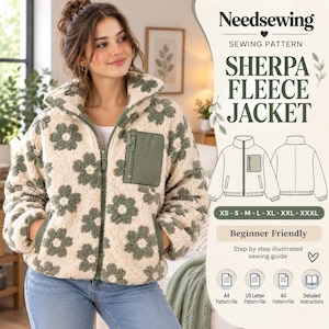 May include: A sewing pattern for a Sherpa fleece jacket by Needsewing. The jacket is cream-colored with a dark green floral pattern, a high collar, a full-length zipper, and a solid dark green chest pocket. Includes sizing from XS to XXXL.