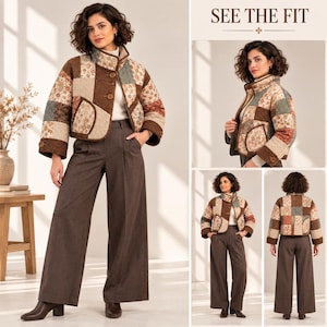 May include: A cropped quilted jacket featuring a patchwork design of brown, beige, and muted floral patterns, with a high collar, front button closure, and two patch pockets. The jacket is paired with dark brown wide-leg trousers and brown boots.