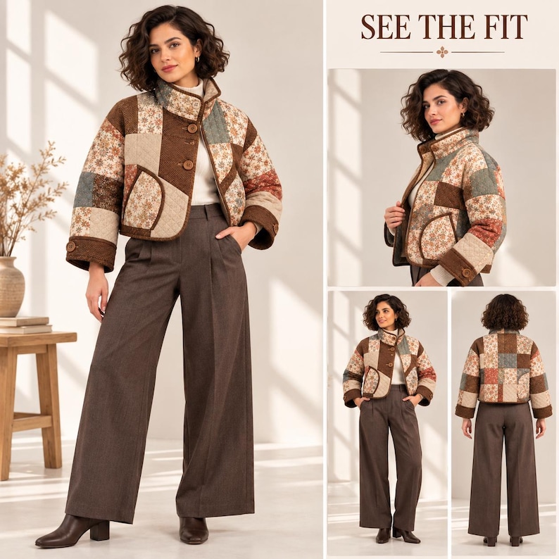 May include: A cropped quilted jacket featuring a patchwork design of brown, beige, and muted floral patterns, with a high collar, front button closure, and two patch pockets. The jacket is paired with dark brown wide-leg trousers and brown boots.