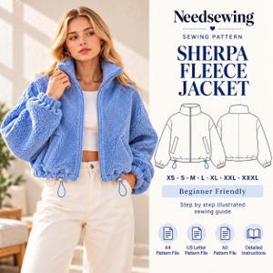 Puede incluir: Un patrón de costura para una chaqueta de forro polar sherpa azul bígaro con cuello alto, cremallera completa y dobladillo con cordón ajustable. El gráfico incluye dibujos técnicos de la parte delantera y trasera, tallas de XS a XXXL e iconos para archivos de patrón A4, US Letter y A0.