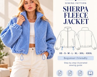 Easy Sherpa Fleece Jacket Sewing Pattern PDF | Women's Cozy Zip Up Teddy Coat with Funnel Neck and Drawstring Hem | XS-3XL | A4 A0 US Letter