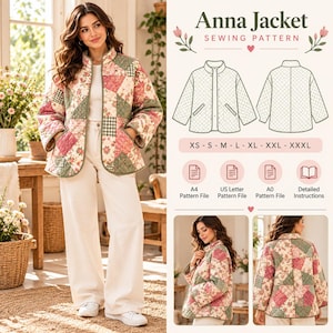 Puede incluir: Patrón de costura Anna Jacket que muestra una chaqueta acolchada con diseño de patchwork floral y cuadros. Incluye dibujos técnicos de frente y espalda, tallas de XS a XXXL, e iconos para archivos de patrón A4, US Letter y A0.