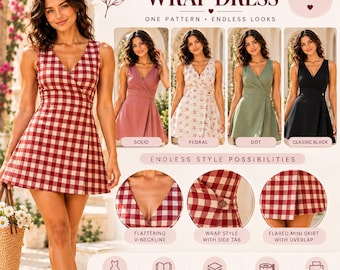 Wrap Mini Dress Sewing Pattern PDF | Easy Sleeveless V Neck Dress with Side Button | Women's Summer Gingham Dress | XS-3XL | A4 A0 US Letter