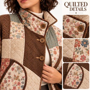 May include: A quilted jacket featuring a patchwork design of brown herringbone fabric and cream-coloured panels with floral patterns in red, blue, and green. The jacket has a high collar, brown buttons, and dark brown trim along the edges.