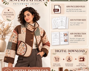 Patchwork Jacket Sewing Pattern PDF, Women's Quilted Style Jacket with Stand Collar, Pockets and Button Front, Digital Download XS, XXXL