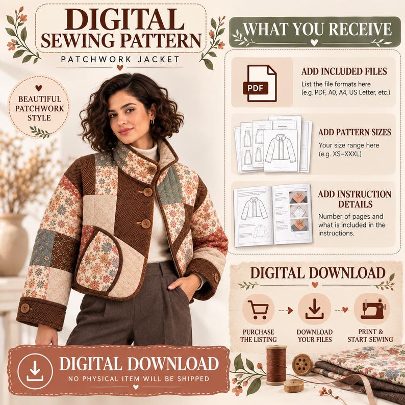 May include: A digital sewing pattern for a patchwork jacket featuring a high collar, three buttons, and long sleeves. The jacket is constructed from brown, beige, and floral patterned fabric. The image includes text detailing file formats, sizes, and instructions.