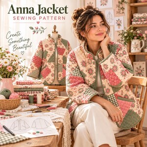 Quilted Jacket Sewing Pattern PDF | Anna Patchwork Coat with Stand Collar & Pockets | Women XS-3XL Digital Download
