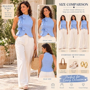Puede incluir: Una blusa azul claro sin mangas con cuello alto y dos lazos decorativos en el lado derecho, combinada con pantalones blancos de pierna ancha. La imagen incluye etiquetas de texto para comparación de tallas, ideas de conjuntos e iconos.