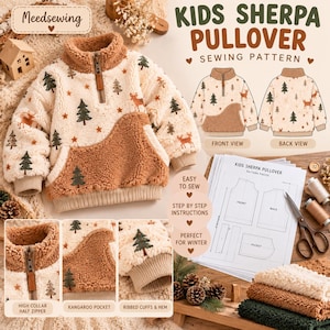 Puede incluir: Un suéter de sherpa color crema con un bolsillo canguro marrón, con un patrón de pinos verdes y ciervos marrones. La prenda tiene un cuello alto con media cremallera, puños acanalados y un dobladillo acanalado. Incluye documentos de patrones.
