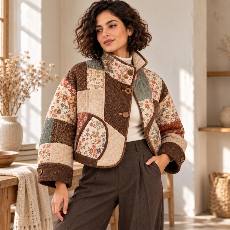 May include: A quilted jacket featuring a patchwork design of brown textured fabric and cream-coloured panels with floral patterns. The jacket has a high collar, long sleeves with buttoned cuffs, and a front button closure with three brown buttons.