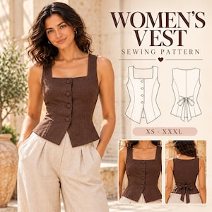 May include: A brown vest sewing pattern featuring a square neckline and front button closure. The design includes a back tie detail, shown in technical sketches and photos with sizing from XS to XXXL. The text reads WOMEN'S VEST SEWING PATTERN.