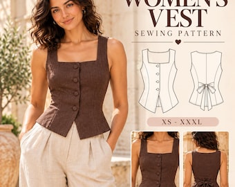 Women's Vest Sewing Pattern PDF | Square Neck Button Front Waistcoat | Fitted Tie Back Sleeveless Top | XS to 3XL | Instant Digital Download