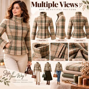 Plaid High Collar Jacket Sewing Pattern PDF, Women's Shaped Short Jacket with Long Sleeves and Angled Pockets