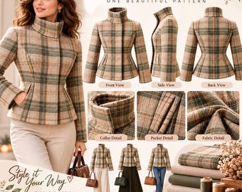 Plaid High Collar Jacket Sewing Pattern PDF, Women's Shaped Short Jacket with Long Sleeves and Angled Pockets
