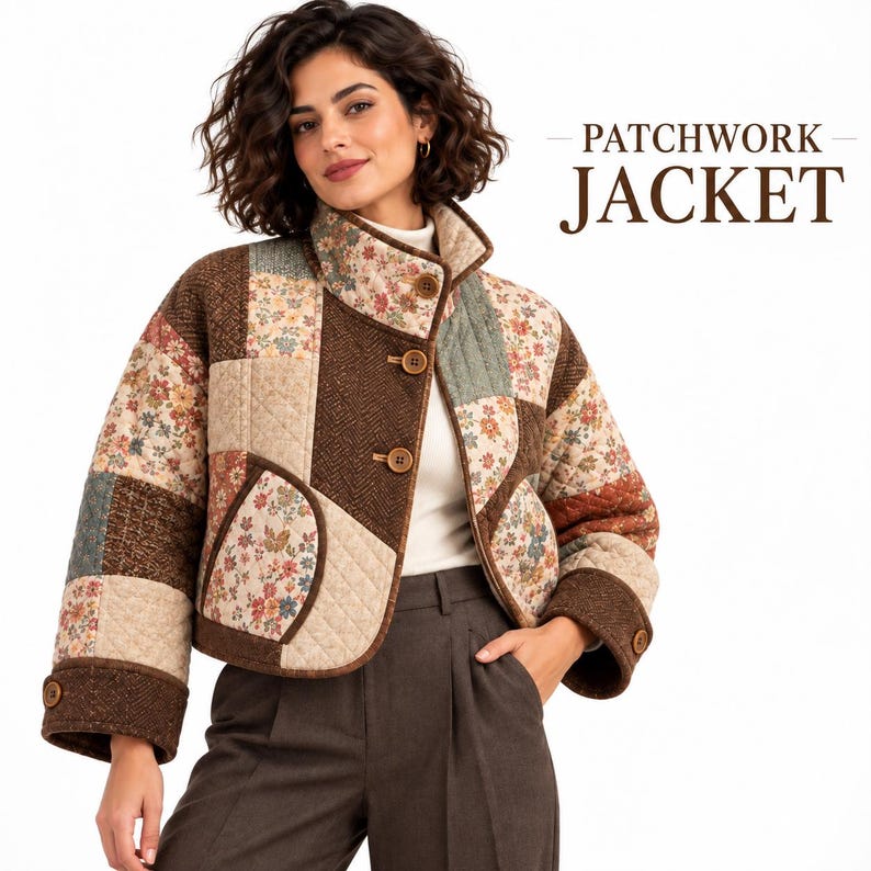 May include: A quilted patchwork jacket featuring a mix of brown herringbone fabric and floral patterned panels in shades of cream, red, and blue. The jacket has a high collar, three brown buttons, and rounded pockets. Text reads PATCHWORK JACKET.