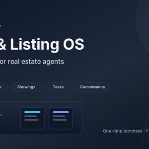May include: A dark blue digital Notion template titled Client & Listing OS for real estate agents. The interface features navigation buttons for Clients, Listings, Showings, Tasks, and Commissions, with a preview of a dashboard layout and text.