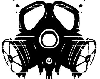 May include: Black and white illustration of a gas mask with a distressed, grunge-style design. The mask has a large, round filter and two smaller filters on the sides.
