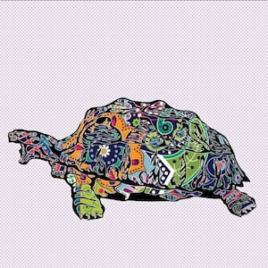May include: A colorful patterned turtle with a black outline. The shell is decorated with a variety of floral and geometric designs in shades of blue, green, orange, yellow, and red.