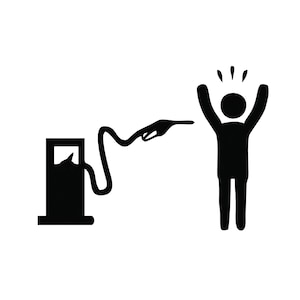 May include: A black and white illustration of a person with their arms raised in the air, looking shocked. A gas pump with a hose is to the left of the person.