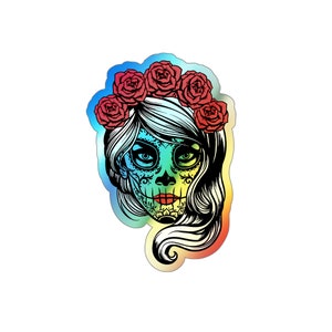 Day of the dead Rose Woman Decal sticker, Holographic Die-cut Stickers, Skull & roses Holographic sticker