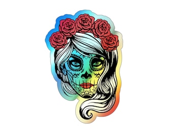 Day of the dead Rose Woman Decal sticker, Holographic Die-cut Stickers, Skull & roses Holographic sticker