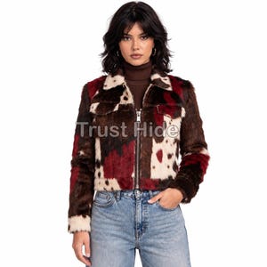Genuine Leather Cow Print Jacket, Multicolor Patchwork Outerwear, Vintage Style Biker Coat, Statement Hide Winter Apparel