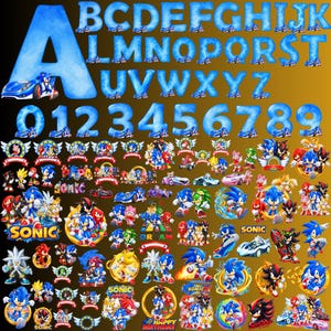 May include: A digital collection of Sonic the Hedgehog themed graphics featuring the full alphabet and numbers zero through nine in a blue textured font, alongside various character illustrations, race cars, and logos including Sonic, Shadow, and Knuckles.