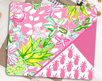 Preppy pink and lime green Geometric design Pineapple desktop accessory Floral office decoration Rectangular mouse pad Unique gift for women