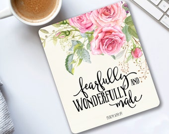 Fearfully and wonderfully made Psalm 139:14 Rectangular mousepad Christian quote Bible desktop decor Gifts for church women Pink floral