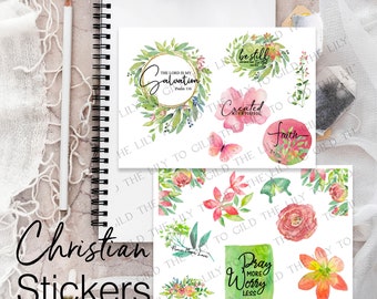 Christian Journal Stickers (2) 5x7 Inch Sheets - Floral w/Bible Verse - Inspirational Quote Planner Stickers for Women of Faith - Car Decals