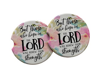 But Those who Hope in the Lord will Renew Their Strength Scripture Car Coasters - Ceramic, Pink Floral, Christian Faith-Based Gift Ideas