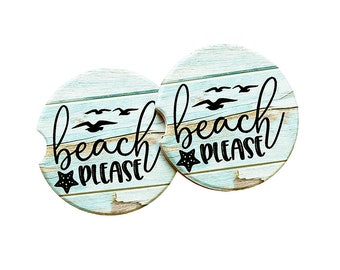 Beach Please - Blue Faux Wood Design Ceramic Car Coasters, Motivational Quote, Summer Fun Cute Gifts for Her, Absorbent Interior Auto Decor