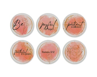 Bible Verse Magnets (6) Be Patient In Affliction Romans 12:12 Pink Ink Splash w/ Gold Frame, Large Round 2.25 inch Gifts for Women Kitchen