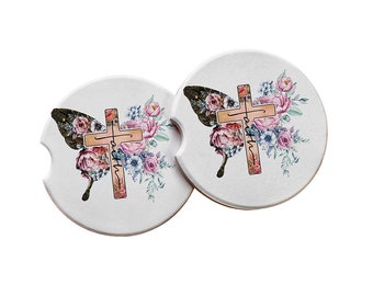 Faith Christian Car Coasters - Absorbent Ceramic, Cross + Butterfly Floral Design, Gift for Women of Faith, Inspirational Auto Decor for Her