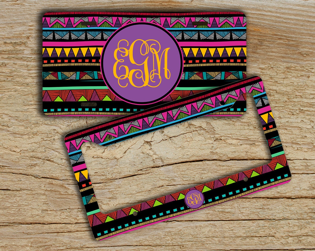 Monogram Aztec license plate or frame Tribal car tag Front Etsy