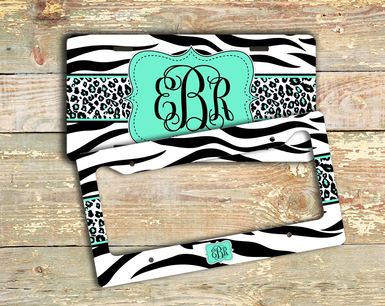 Mint monogram license plate or frame Mint green with zebra Etsy