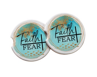 Faith over Fear Scripture Car Coasters - Sandstone Ceramic Ocean Theme w/ Fish, Faith-Inspired Protects Cup Holders, Blue Gold, Bible Verse